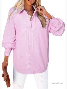 Striped Puff Long Sleeve Henley Blouse with Chest Pocket